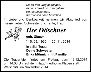 Todesanzeige von Ilse Döschner von Plauen