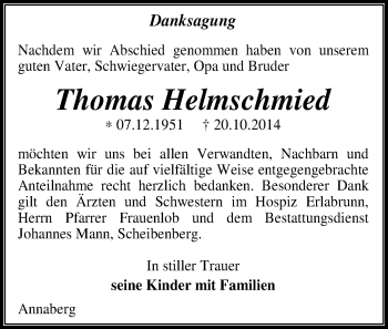 Todesanzeige von Thomas Helmschmied von Annaberg