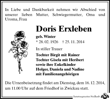 Todesanzeige von Doris Erxleben von Zwickau