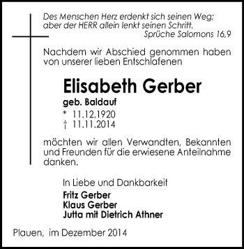Todesanzeige von Elisabeth Gerber von Plauen