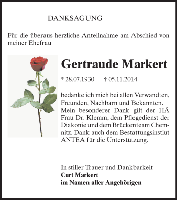 Todesanzeige von Gertraude Markert von Chemnitz