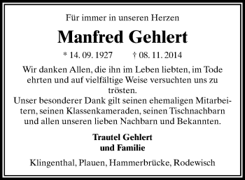 Todesanzeige von Manfred Gehlert von Oberes Vogtland