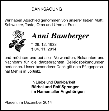 Todesanzeige von Anni Bamberger von Plauen