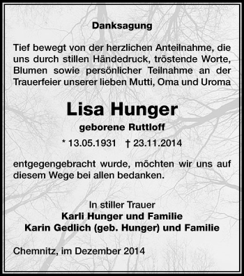 Todesanzeige von Lisa Hunger von Chemnitz