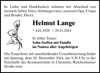 Todesanzeige von Helmut Lange von Stollberg