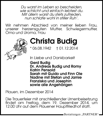 Todesanzeige von Christa Budig von Plauen