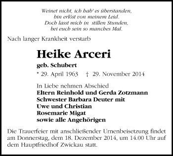 Todesanzeige von Heike Arceri von Zwickau