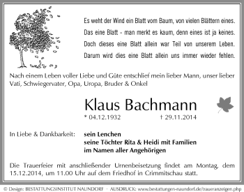 Todesanzeige von Klaus Bachmann von Werdau