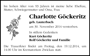 Todesanzeige von Charlotte Göckeritz von Zwickau