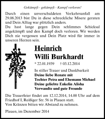 Todesanzeige von Heinrich Willi Burkhardt von Plauen