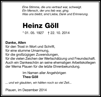 Todesanzeige von Heinz Göll von Plauen