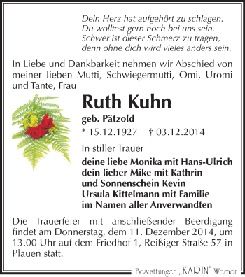 Todesanzeige von Ruth Kuhn von Plauen