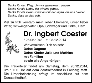 Todesanzeige von Ingbert Coester von Freiberg / Brand Erbisdorf