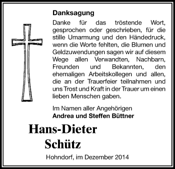 Todesanzeige von Hans-Dieter Schütz von Hohenstein-Ernstthal, Stollberg