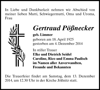Todesanzeige von Gertraud Pößnecker von Plauen