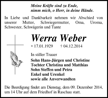 Todesanzeige von Werra Weber von Schwarzenberg