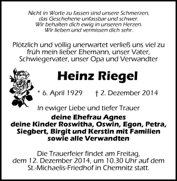 Todesanzeige von Heinz Riegel von Chemnitz