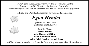 Todesanzeige von Egon Hendel von Oberes Vogtland, Plauen