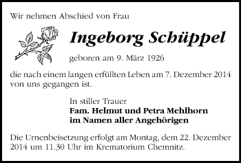 Todesanzeige von Ingeborg Schüppel von Stollberg