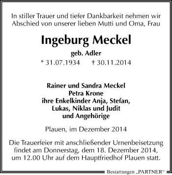 Todesanzeige von Ingeburg Meckel von Plauen