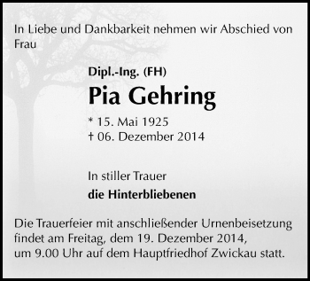 Todesanzeige von Pia Gehring von Zwickau
