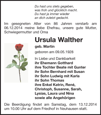 Todesanzeige von Ursula Walther von Freiberg / Brand Erbisdorf, Marienberg