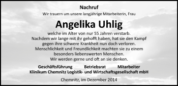 Todesanzeige von Angelika Uhlig von Chemnitz