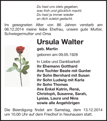 Todesanzeige von Ursula Walter von Freiberg / Brand Erbisdorf, Marienberg