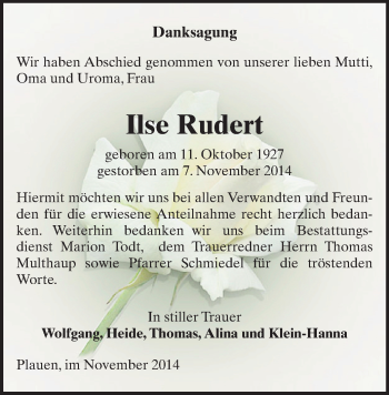 Todesanzeige von Ilse Rudert von Plauen