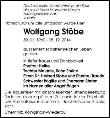 Todesanzeige von Wolfgang Stöbe von Chemnitz, Rochlitz