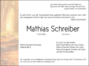 Todesanzeige von Mathias Schreiber von Oberes Vogtland