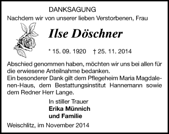 Todesanzeige von Ilse Döschner von Plauen