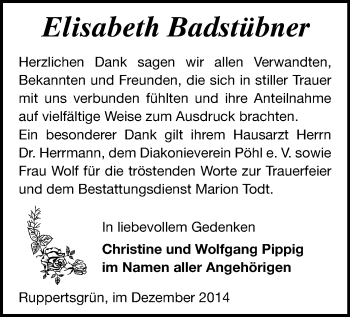 Todesanzeige von Elisabeth Badstübner von Plauen