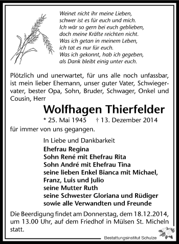 Todesanzeige von Wolfhagen Thierfelder von Zwickau