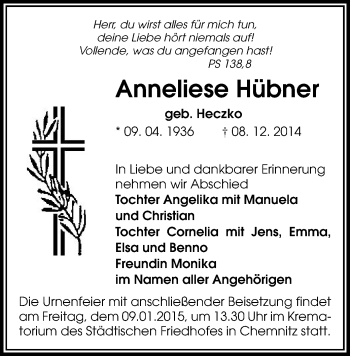 Todesanzeige von Anneliese Hübner von Chemnitz
