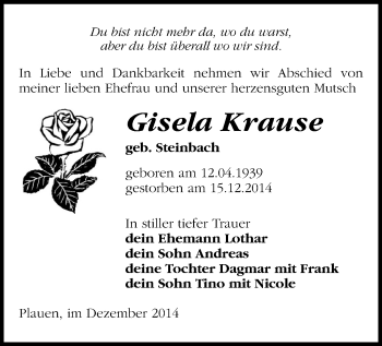 Todesanzeige von Gisela Krause von Plauen