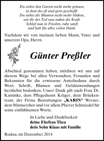 Todesanzeige von Günter Preßler von Plauen