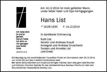 Todesanzeige von Hans List von Werdau, Zwickau