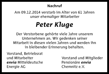 Todesanzeige von Peter Kluge von Mittweida