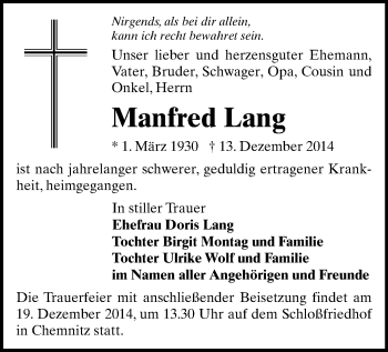 Todesanzeige von Manfred Lang von Chemnitz