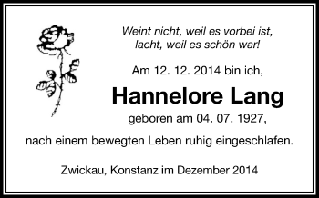 Todesanzeige von Hannelore Lang von Zwickau