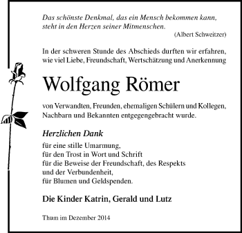 Todesanzeige von Wolfgang Römer von Annaberg