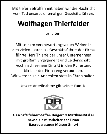 Todesanzeige von Wolfhagen Thierfelder von Zwickau