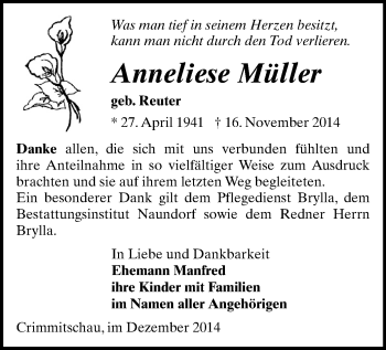 Todesanzeige von Anneliese Müller von Werdau