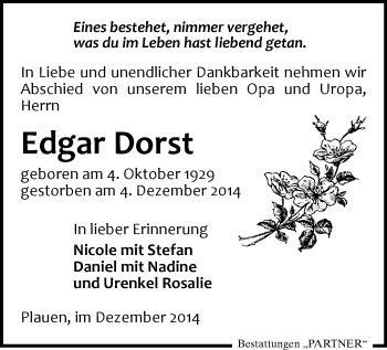Todesanzeige von Edgar Dorst von Plauen