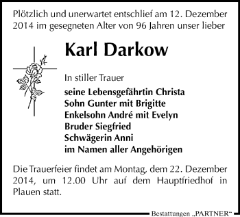 Todesanzeige von Karl Darkow von Plauen