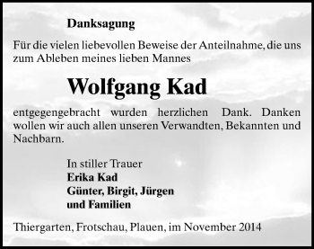 Todesanzeige von Wolfgang Kad von Plauen