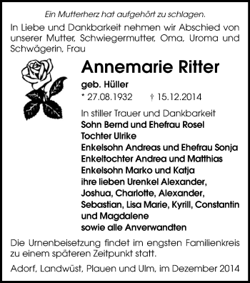 Todesanzeige von Annemarie Ritter von Oberes Vogtland
