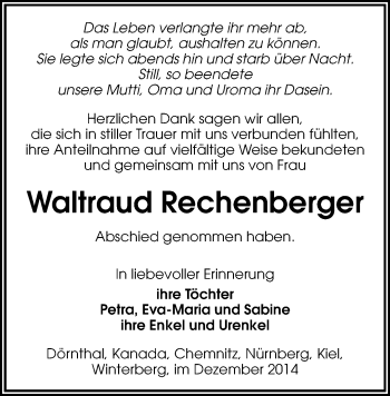 Todesanzeige von Waltraud Rechenberger von Marienberg