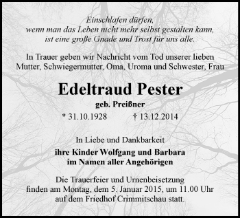 Todesanzeige von Edeltraud Pester von Werdau